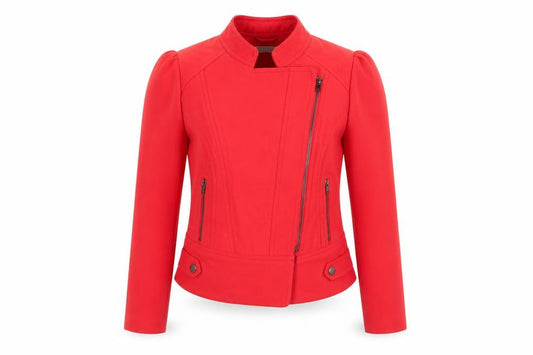 Front view of RIU women’s orange bomber jacket coat, size UK 10, - soft felt like texture gathered shoulders