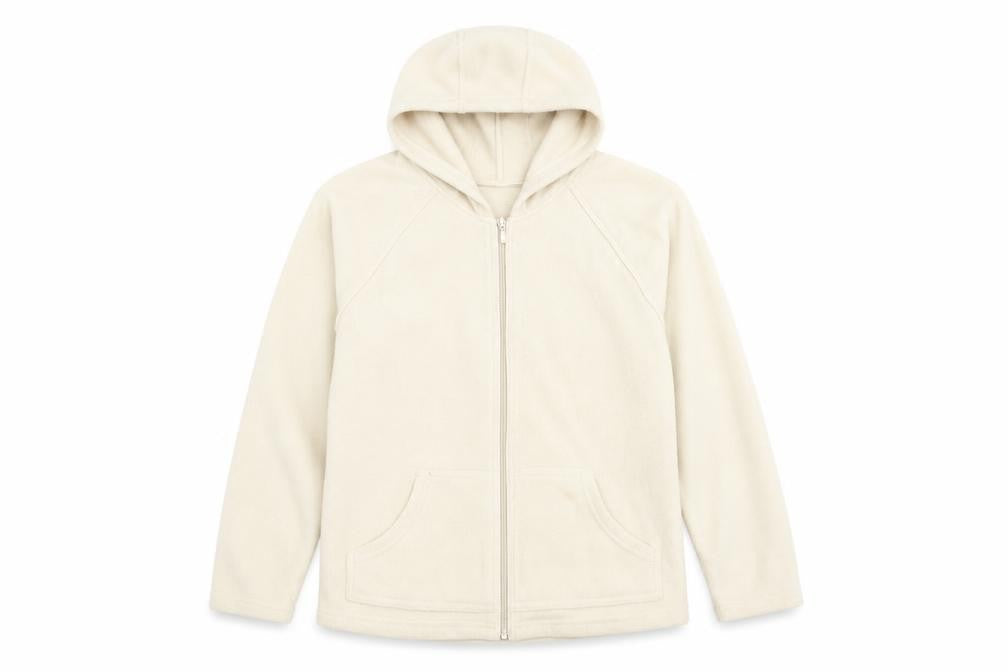 Front view of Marks & Spencer women’s beige fleece jacket coat, size UK 18, - piped detail