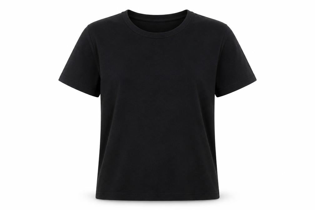 Front view of EWM women’s black basic t-shirt, size L