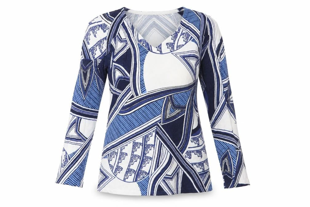 Front view of Casmia women’s multicoloured geometric jumper, size S