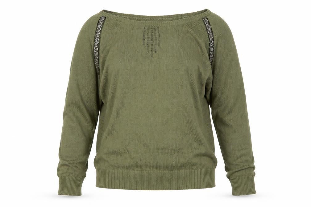 Front view of Preworn women’s green jumper, size UK 10