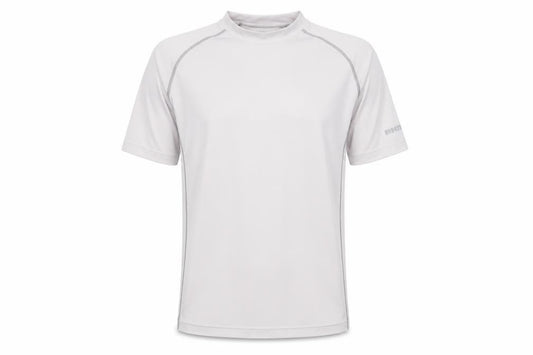 Front view of Rhio men’s white basic t-shirt, size S