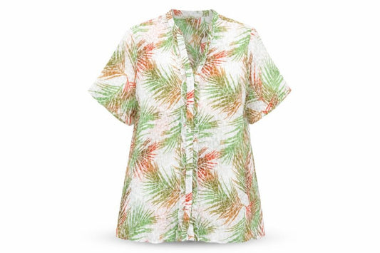 Front view of ISLE women’s white floral basic button-up, size UK 16