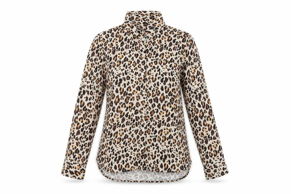 Front view of H&M women’s beige animal print basic button-up, size UK 4