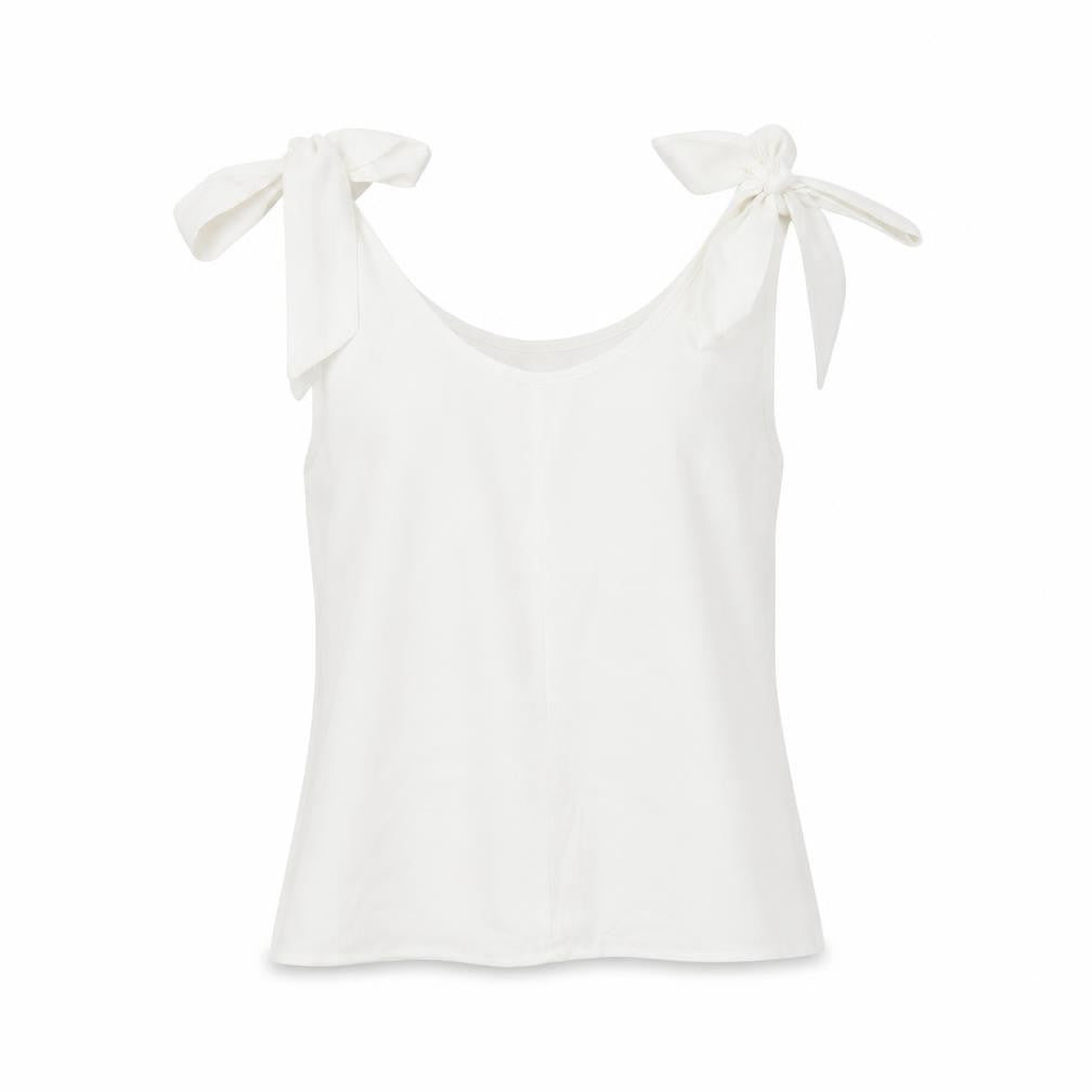 Front view of SHEIN women’s white basic blouse, size S, - tie detail