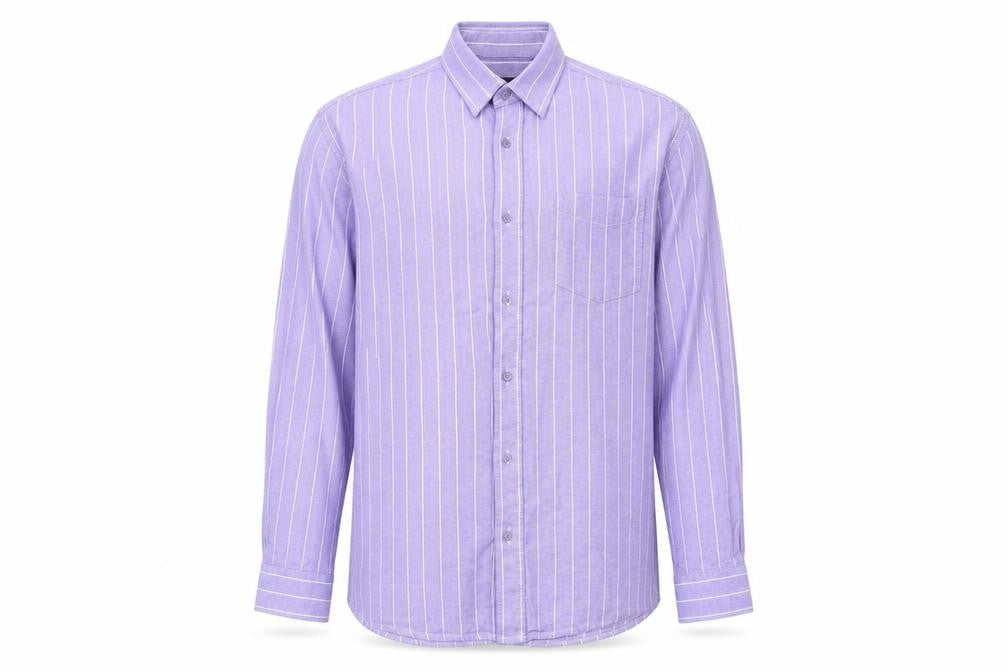 Front view of Cotton Traders men’s purple striped button-up, size M