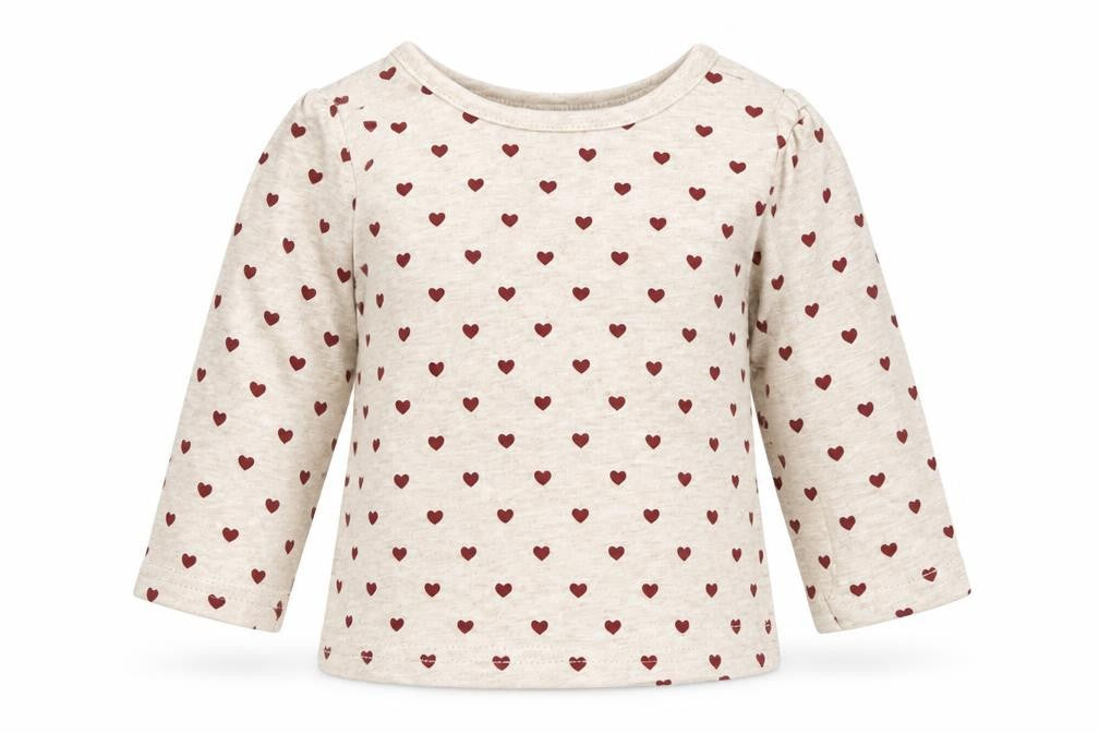 Front view of Early Days girls’ beige polka dot basic t-shirt, size 0-3, months