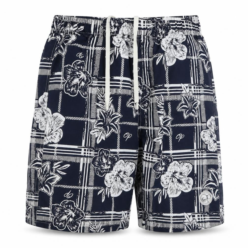 Front view of Ocean Pacific men’s blue floral athletic shorts, size M