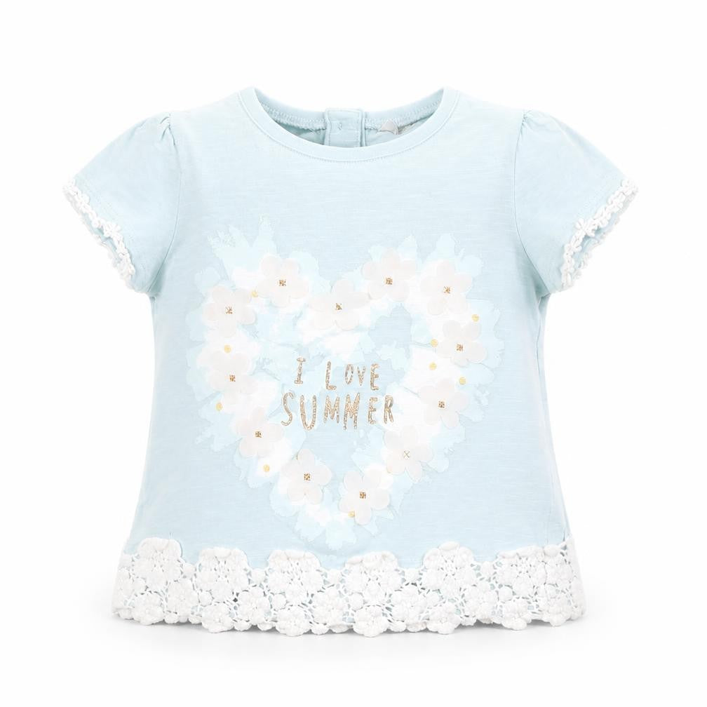 Front view of F&F girls’ blue basic t-shirt, size 9-12, months