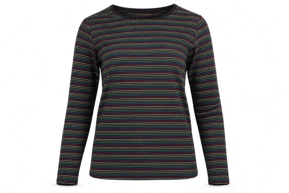 Front view of Primark women’s black striped pullover sweatshirt, size UK 10