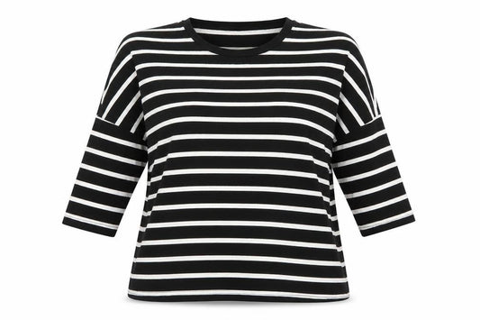 Front view of Atmosphere women’s black striped pullover sweatshirt, size UK 8