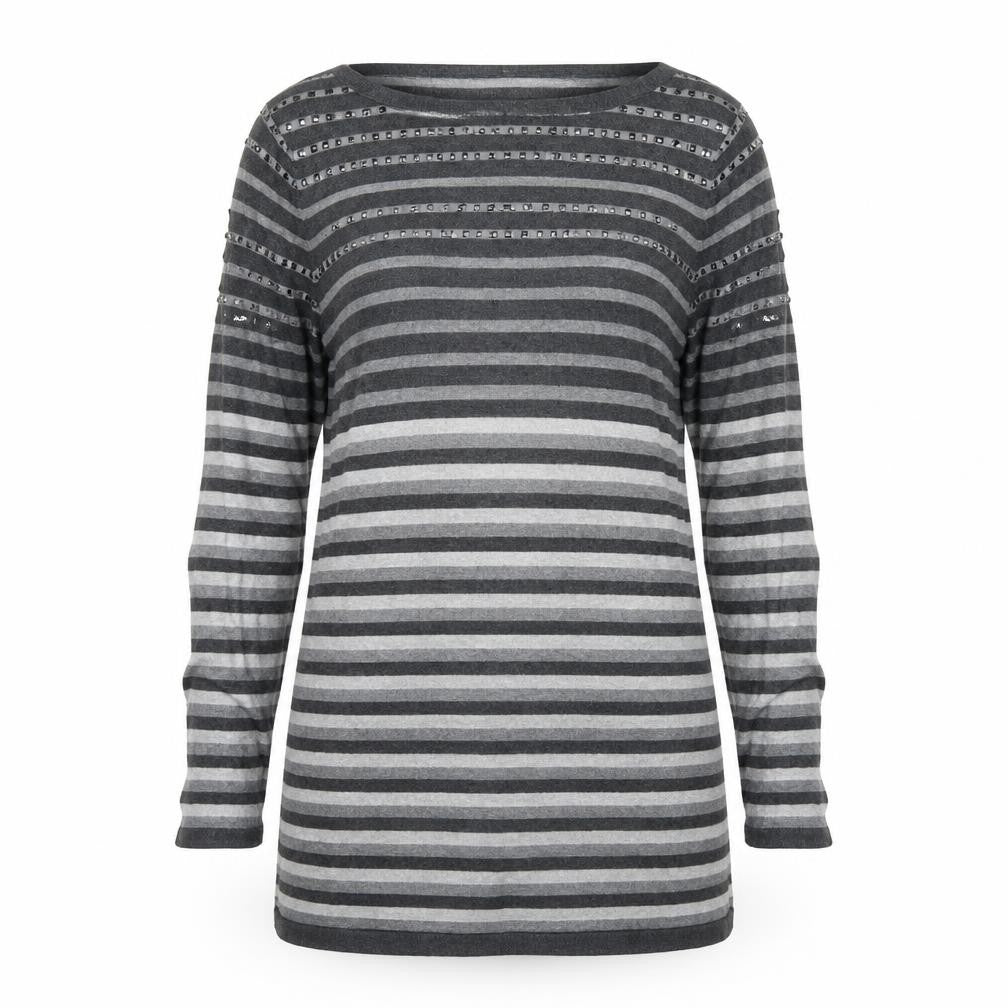 Front view of Marks & Spencer women’s grey striped jumper, size UK 10