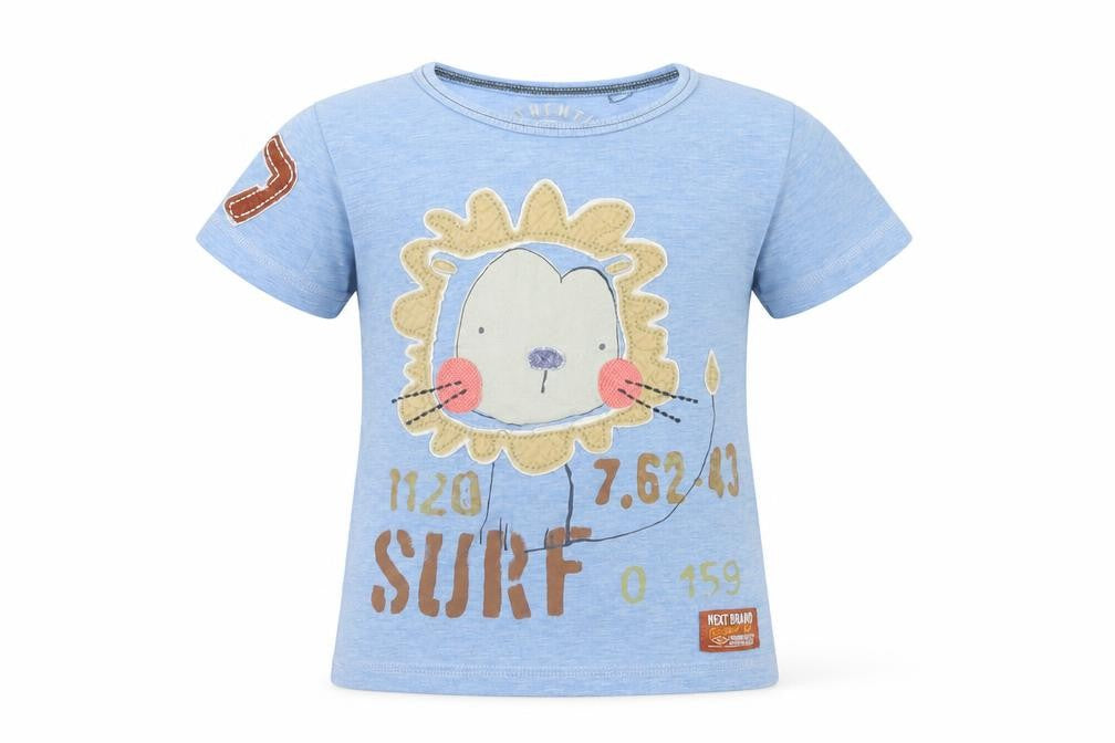Front view of Next Baby Blue Jersey Basic T-Shirt, size 12-18, Months - Lion