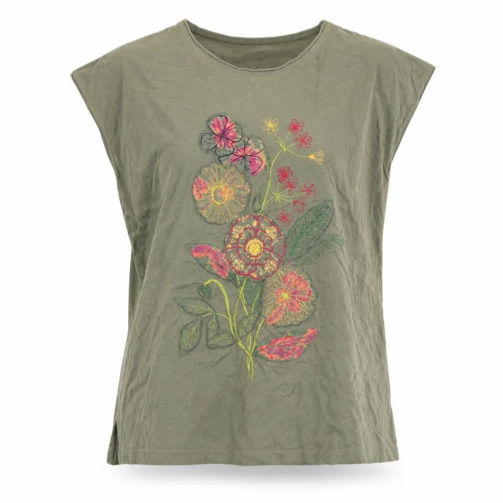 Front view of ELVI women’s green basic t-shirt, size M