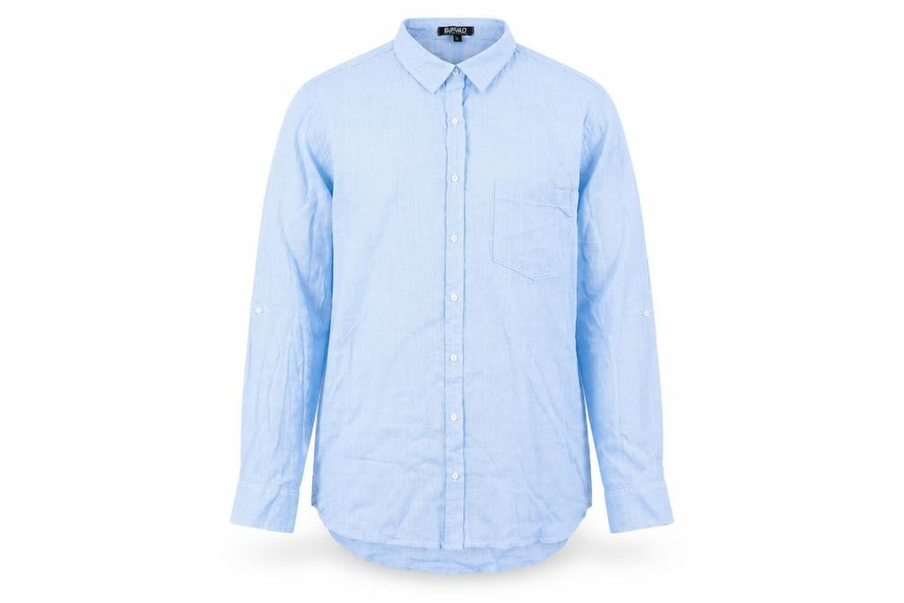 Front view of Buffalo men’s blue button-up, size S