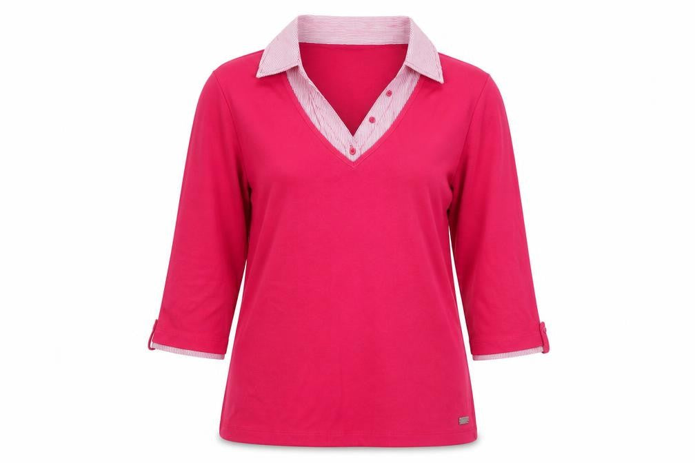 Front view of TIGI women’s red basic polo, size UK 14