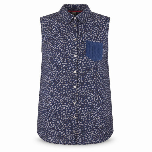 Front view of kind women’s blue geometric basic button-up, size XL