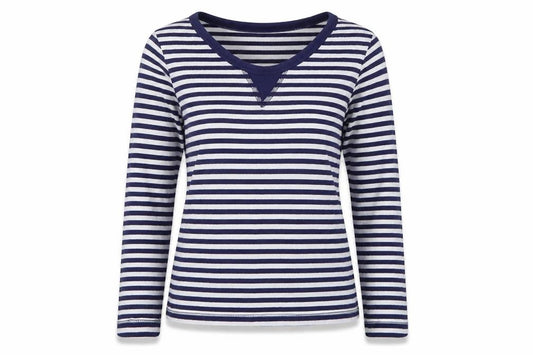 Front view of Avenue women’s multicoloured striped basic t-shirt, size UK 8