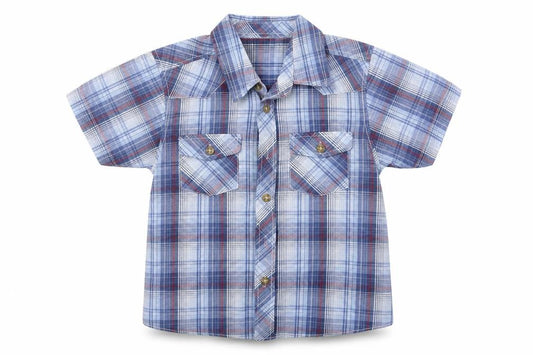 Front view of Ladybird boys’ blue plaid basic button-up, size 5-6, years