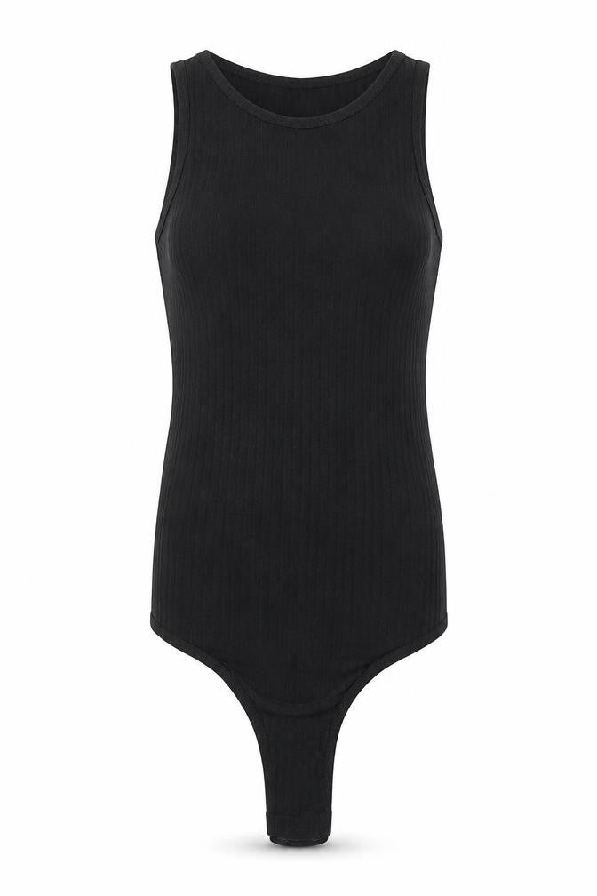 Front view of PRETTYLITTLETHING women’s black catsuit one-piece, size UK 6