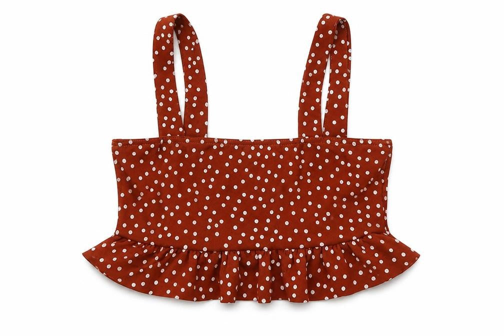 Front view of Missguided women’s brown polka dot cropped tank, size UK 6