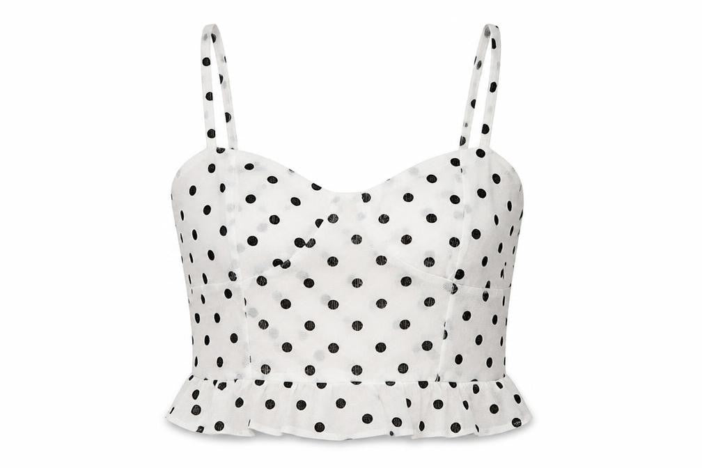 Front view of PRETTYLITTLETHING women’s white polka dot cropped tank, size UK 6