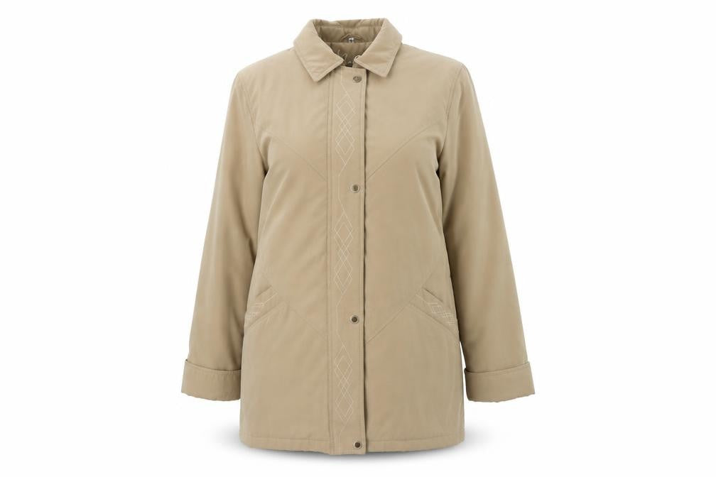 Front view of Klass women’s beige jacket, size L