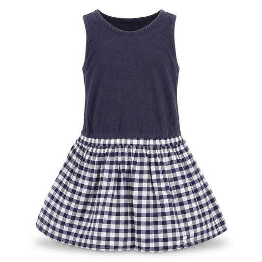 Front view of Next girls’ blue check tank dress, size 5, years