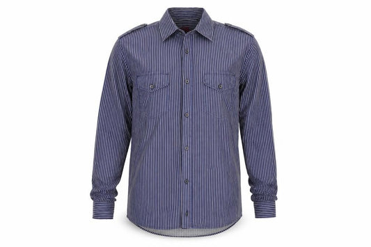 Front view of Burton men’s black striped button-up, size S
