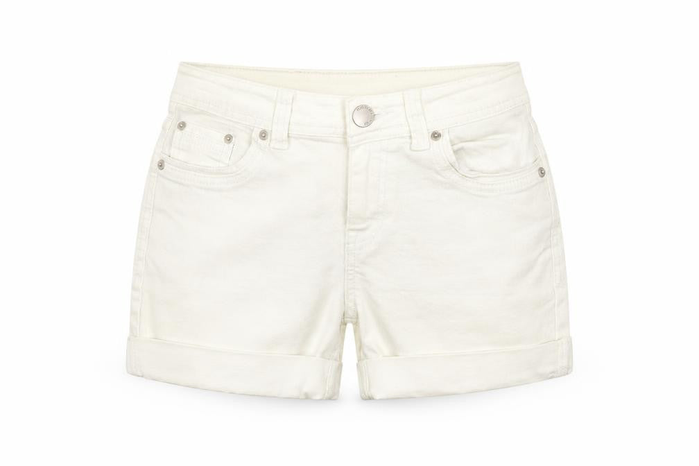 Front view of Preworn women’s ivory cut-off shorts, size UK 10