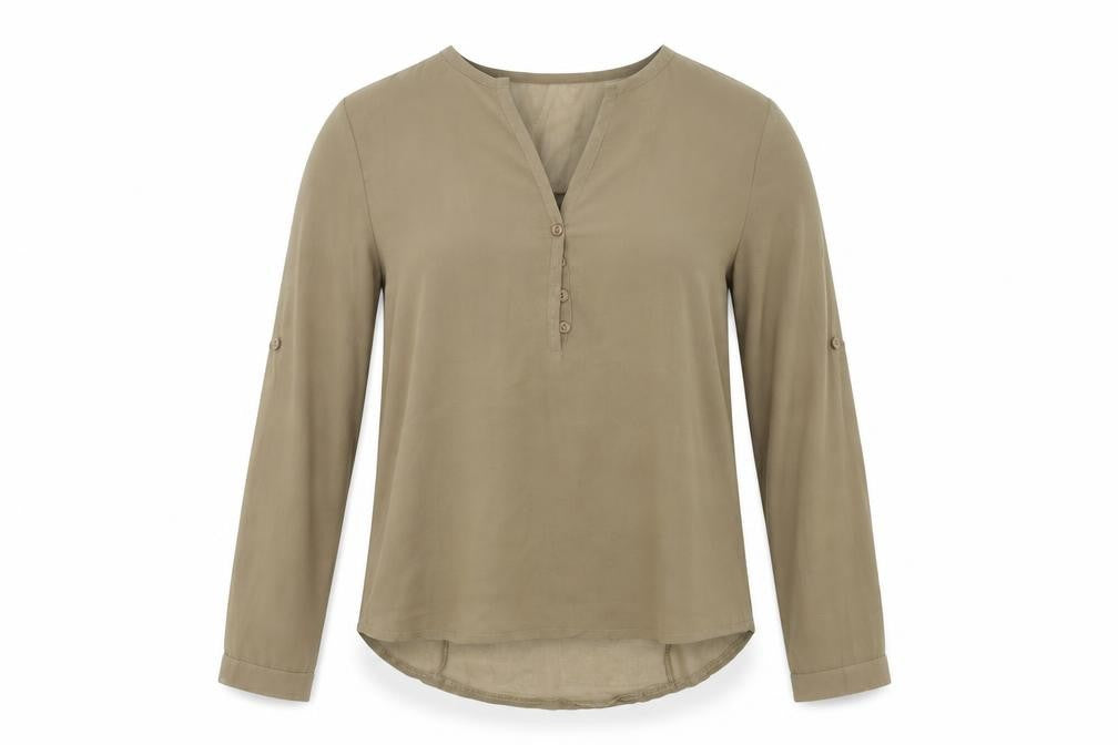 Front view of Preworn women’s green basic button-up, size M