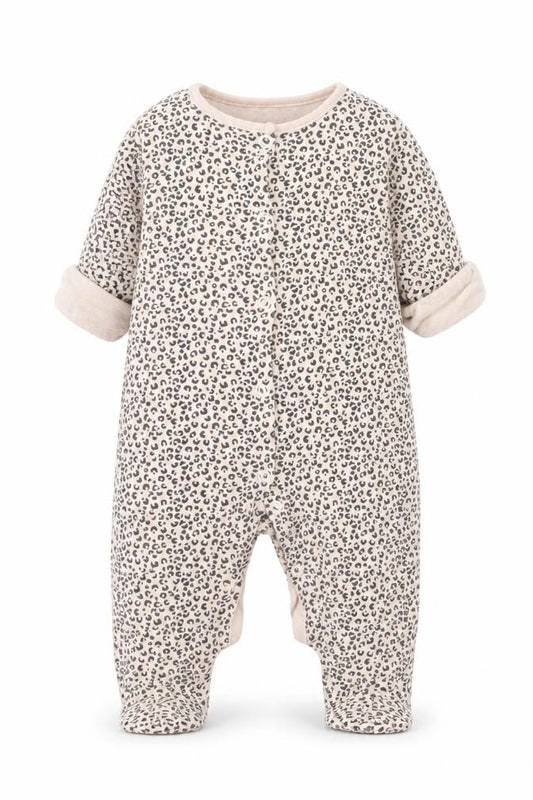 Front view of Tu Baby Beige Animal Print Babygrow One-Piece, size 3-6, Months
