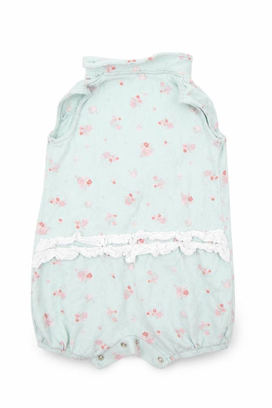 Front view of Little Nutmeg Baby Green Floral Babygrow One-Piece, size 3-6, Months