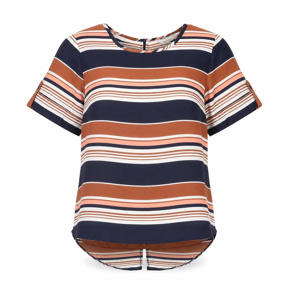 Front view of Dorothy Perkins women’s beige striped basic blouse, size UK 12