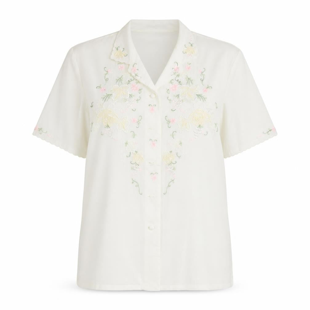 Front view of Rose Brand women’s white basic button-up, size UK 40