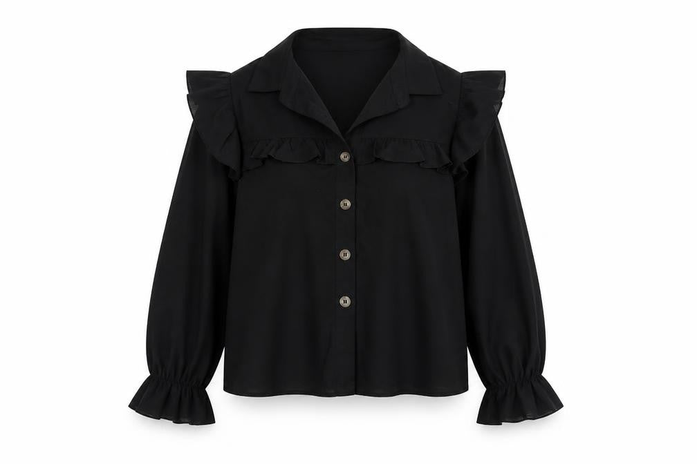 Front view of SHEIN women’s black basic button-up, size M