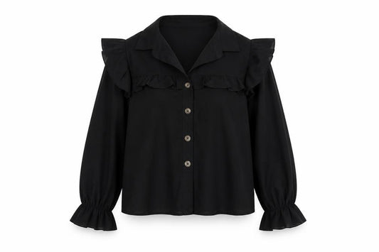 Front view of SHEIN women’s black basic button-up, size M