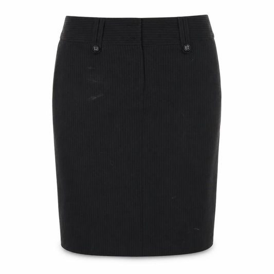 Front view of Preworn women’s black striped rayon a-line skirt, size UK 12