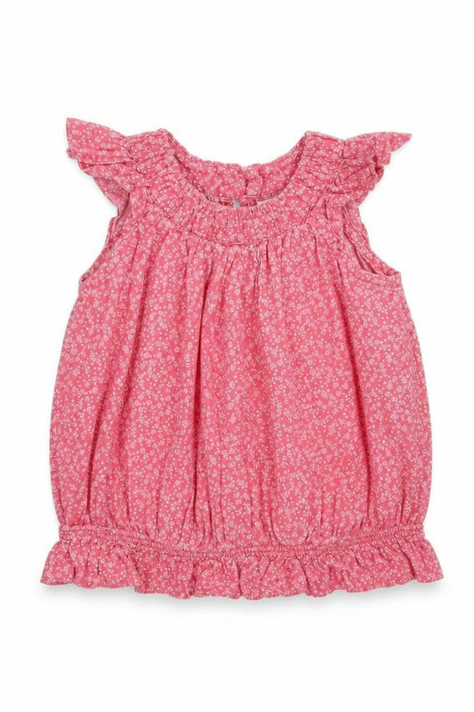 Front view of Fagottino girls’ pink floral basic tank, size 18-24, months