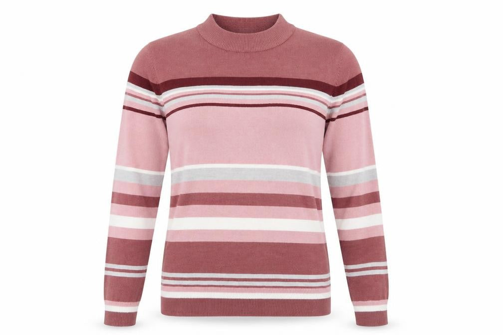 Front view of Marks & Spencer women’s pink striped basic blouse, size UK 12