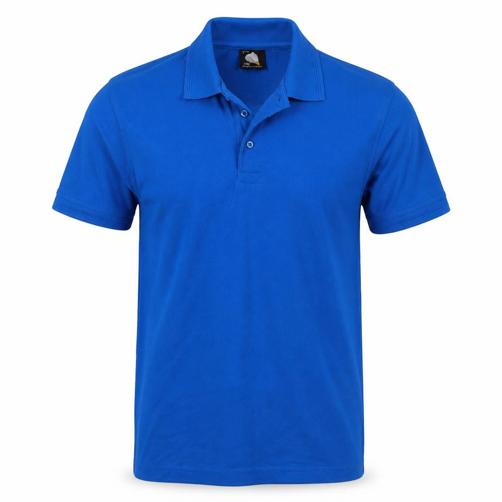 Front view of Orn men’s blue polo, size S