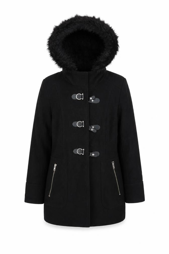 Front view of M&Co women’s black overcoat coat, size UK 10