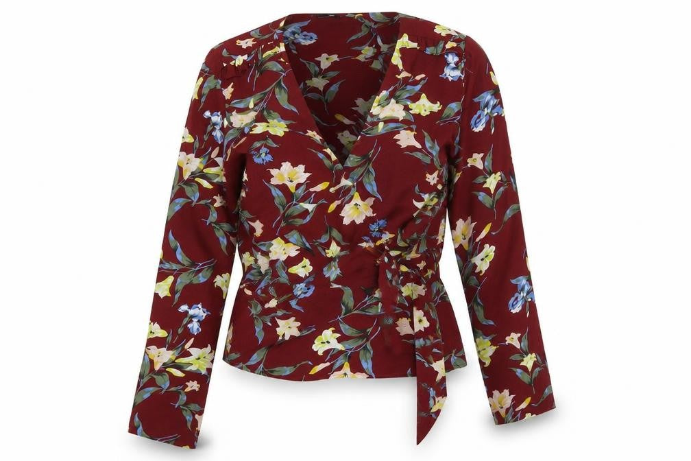 Front view of Boohoo women’s multicoloured floral wrap blouse, size UK 10