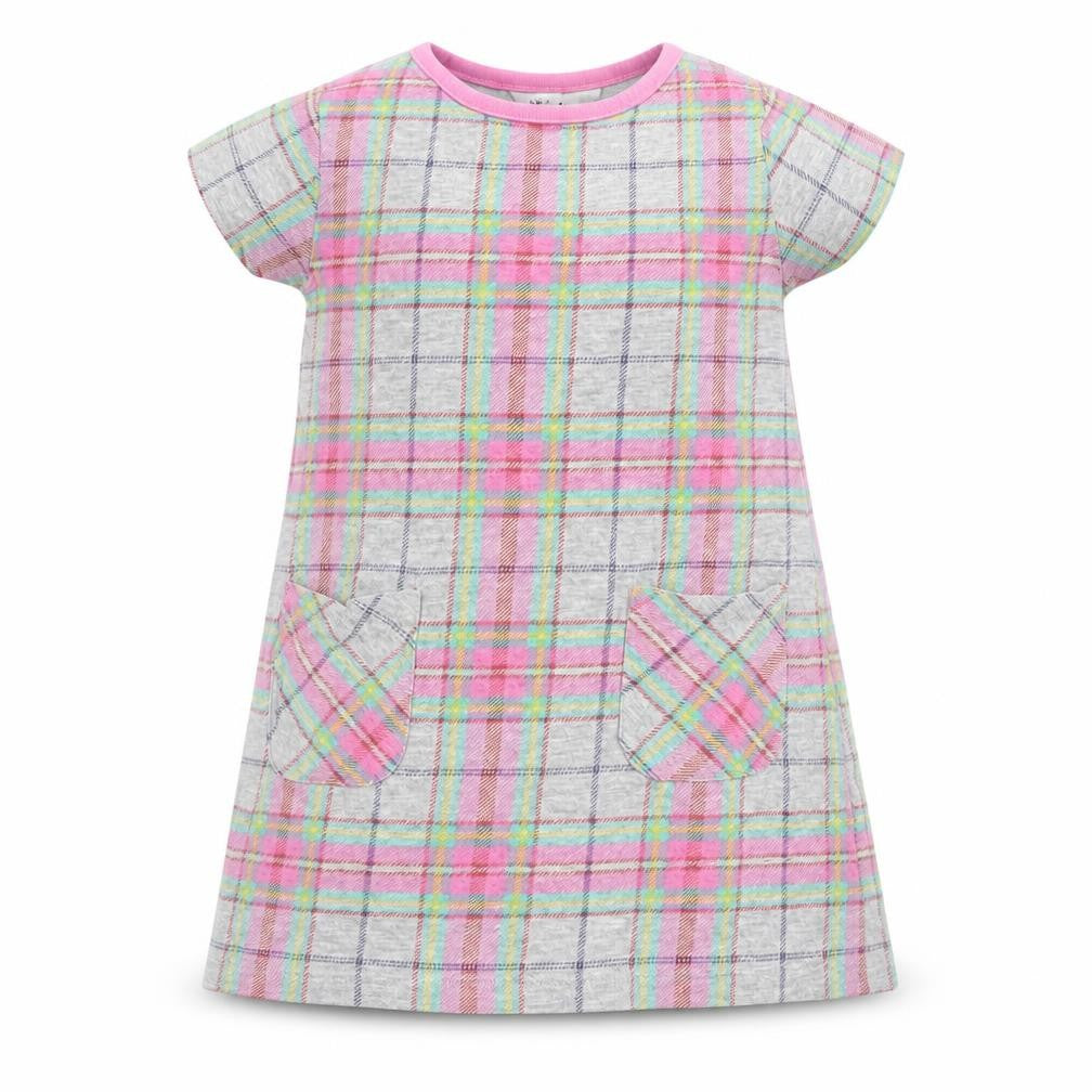 Front view of M&Co girls’ multicoloured check a-line, size 9-12, months