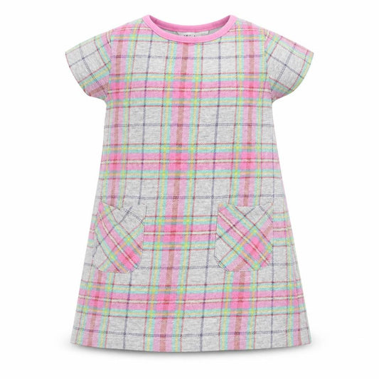 Front view of M&Co girls’ multicoloured check a-line, size 9-12, months