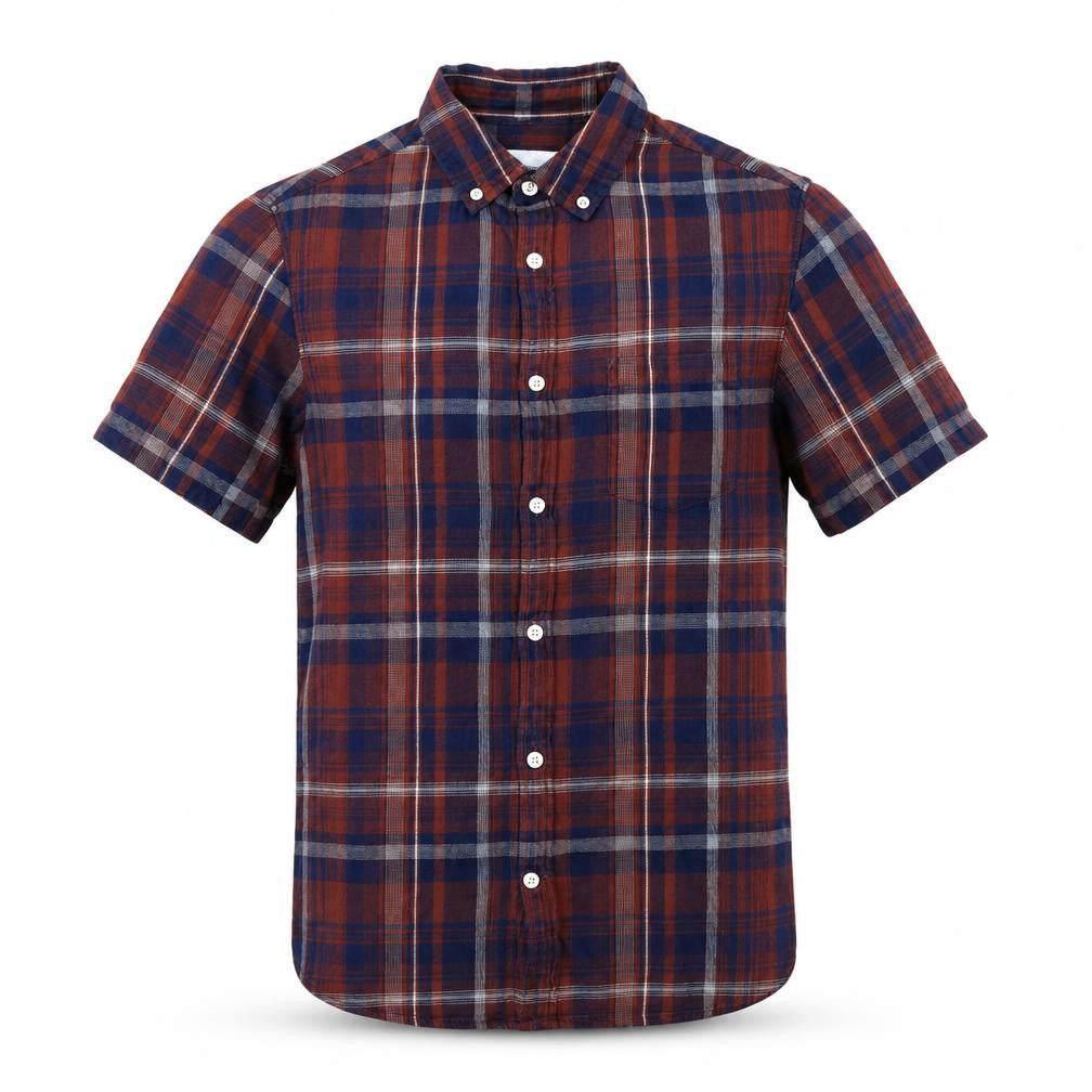 Front view of Burton men’s multicoloured plaid button-up, size S