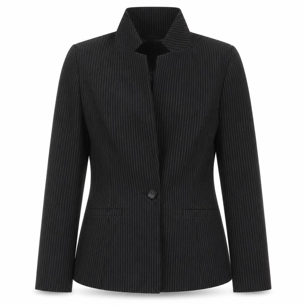 Front view of Papaya women’s black striped jacket, size UK 14