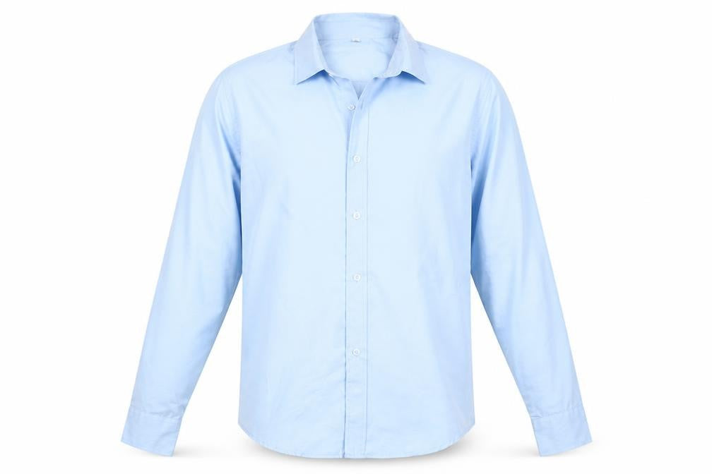 Front view of Preworn men’s blue button-up, size L