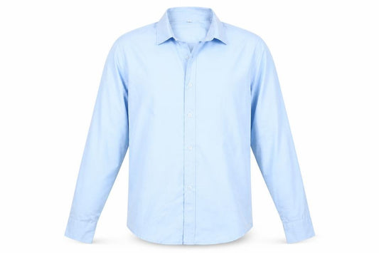 Front view of Preworn men’s blue button-up, size L