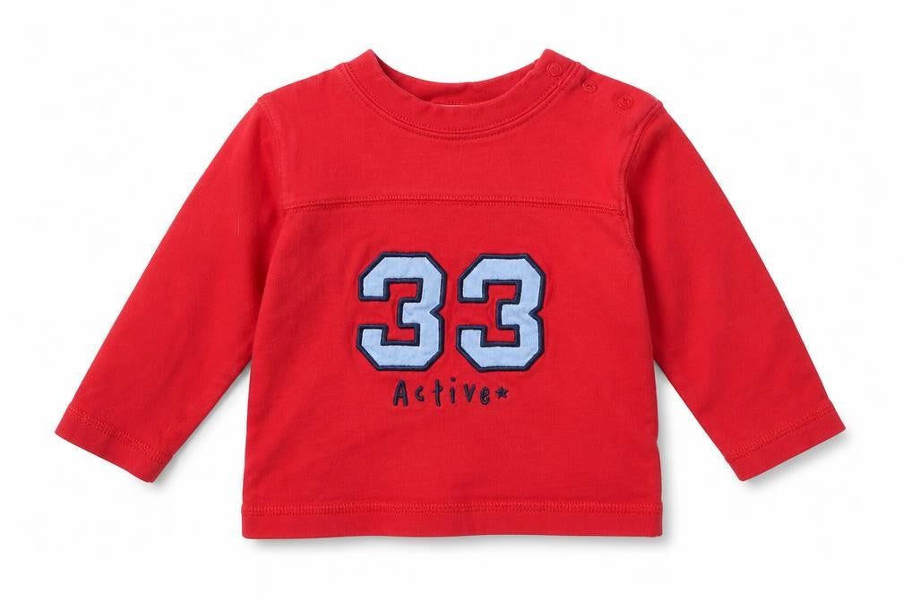 Front view of Ladybird boys’ red jumper, size 6-9, months